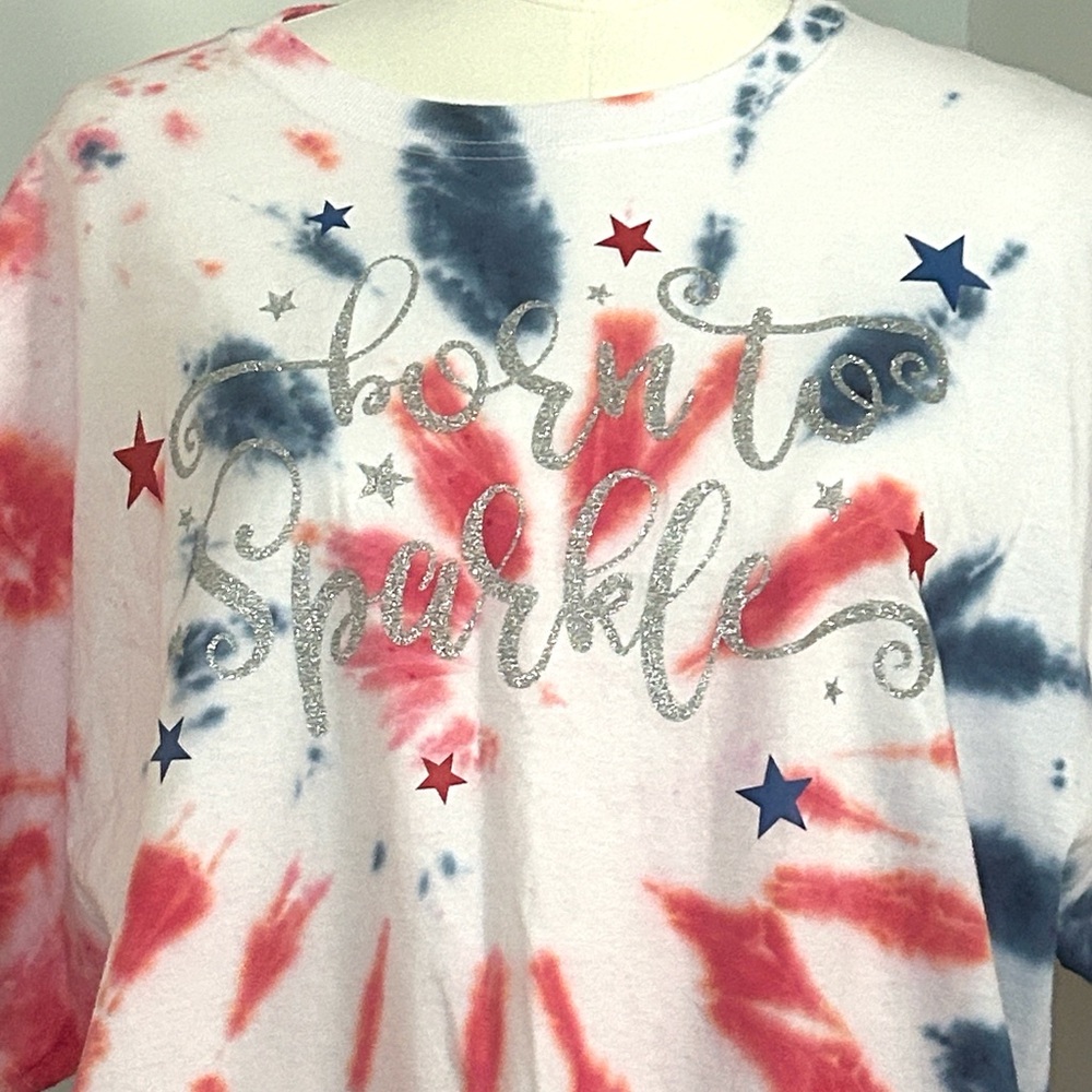 Tie Dye T-Shirt Red White Blue Patriotic Tee Silver “Born to Sparkle” Artisan XL - Picture 2 of 8